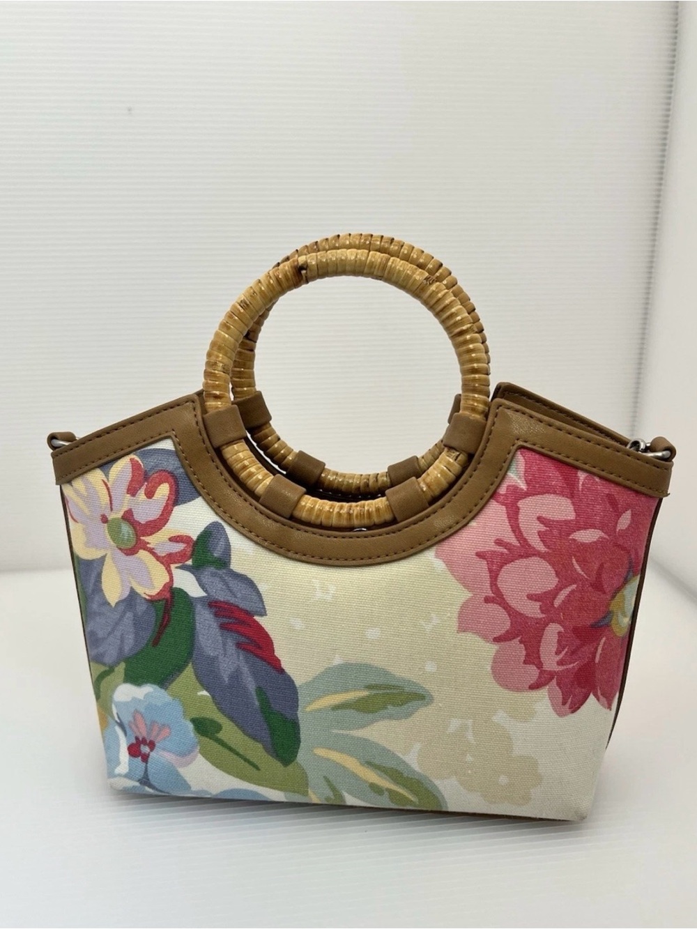 Fossil Floral Canvas Tote with Bamboo Handles - Pink & Beige Multicolor